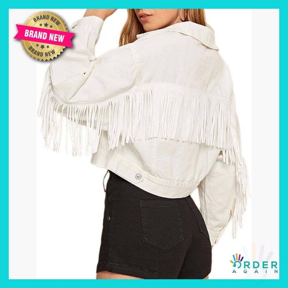 Denim Cropped Jacket Chic Button Down Tassel Fringe Loose Fit Casual